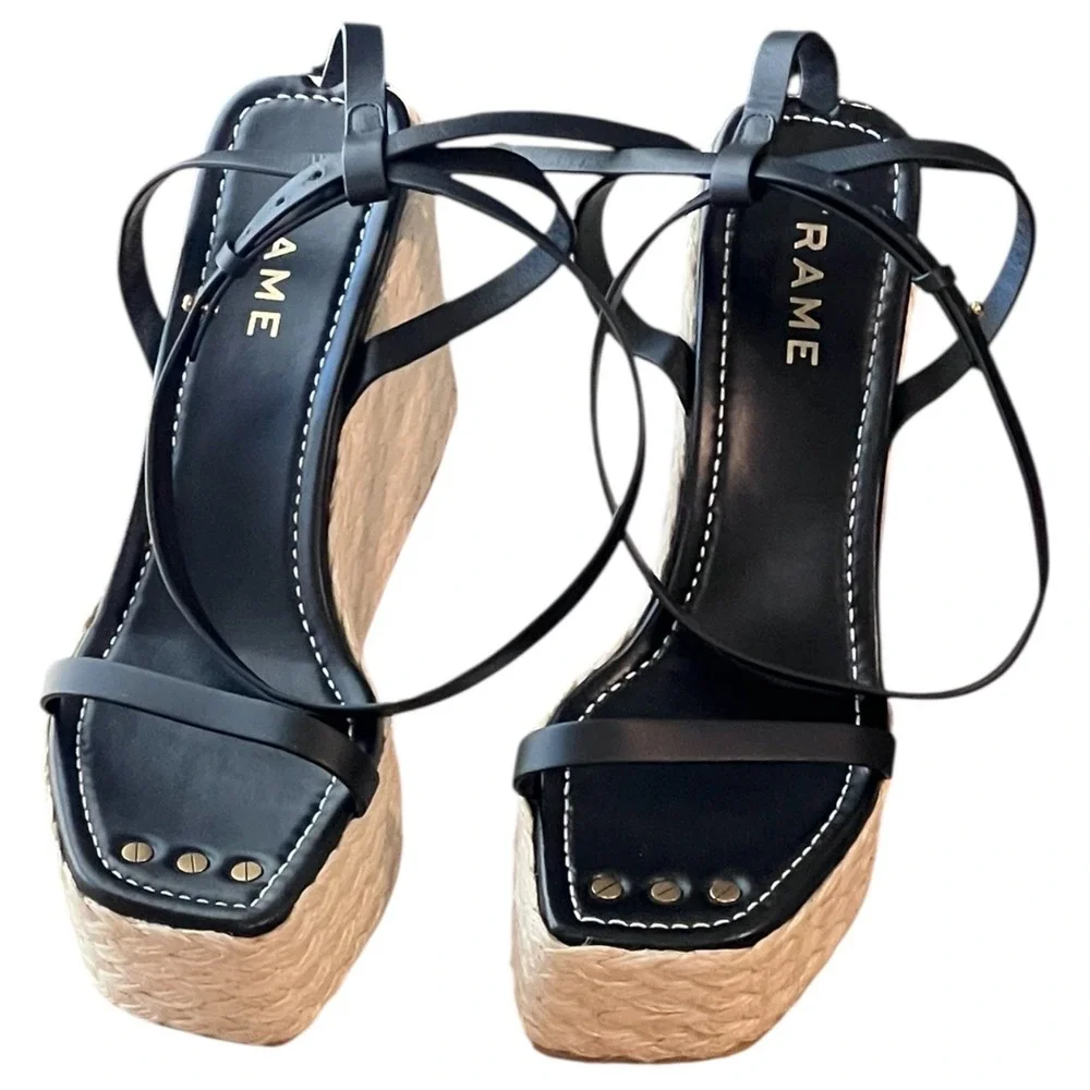 FRAME Black Leather Espadrille Platform‎ Wedge Sandals Ankle Strap Size 10 EU 41